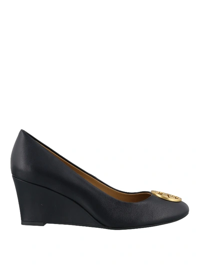 Tory Burch Chelsea Wedge Detailed Leather Pumps In Dark Blue