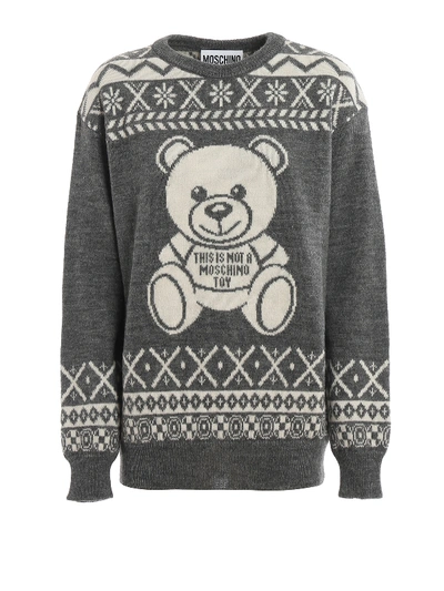 Moschino Fair Isle And Teddy Bear Jacquard Sweater In Grey