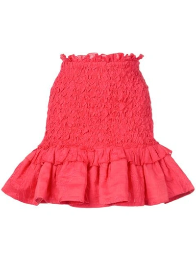 Alexis Nedusa Smocked Ruffled Silk-linen Mini Skirt In Red