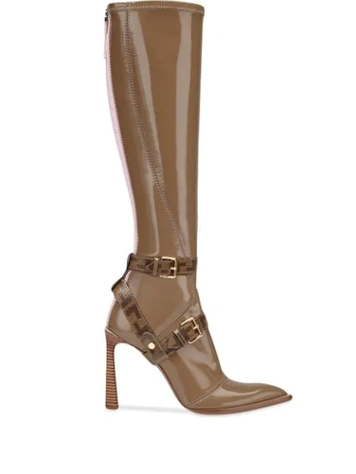 Fendi Logo Harness Pointy Toe Knee High Boot In Brown