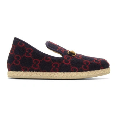 Gucci Navy & Red Wool Gg Loafers In Blue