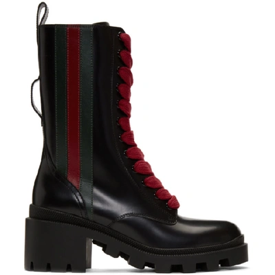 Gucci Trip Striped Glossed-leather Ankle Boots In Black