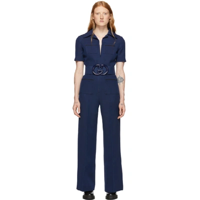 Gucci Belted Wool And Silk-blend Cady Jumpsuit In Navy