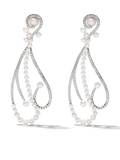 As29 18kt White Gold Lucy Diamond And Pearl Long Earrings In Silver