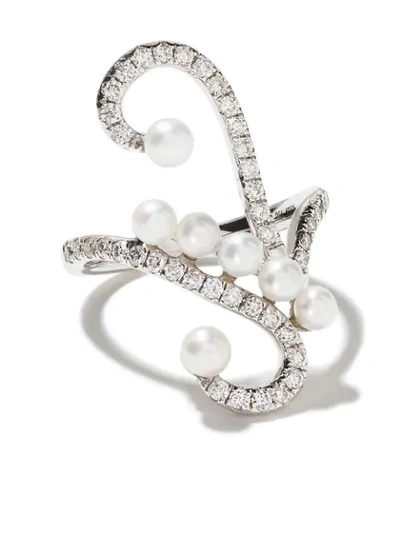 As29 18kt White Gold Lucy Pearl And Diamond Knuckle Ring In Silver