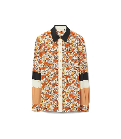 Tory Burch Blossom Ditsy Patchwork Button-down Silk Shirt W/ Stud Trim In Ivory Blossom Ditsy