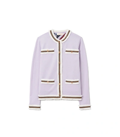 Tory Burch Kendra Fringed Cardigan In Pale Violet / Navy Homage To Flower