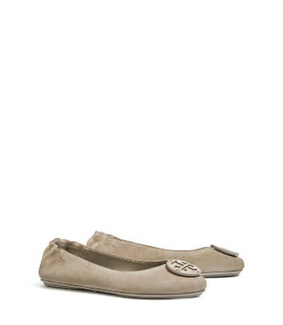 Tory Burch Minnie Travel Ballet Flats, Suede Logo In Gray Heron / Gray Heron