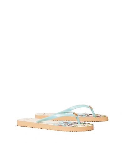 Tory Burch Printed Thin Flip Flops In Onda Blue / Ivory Homage To The Flower