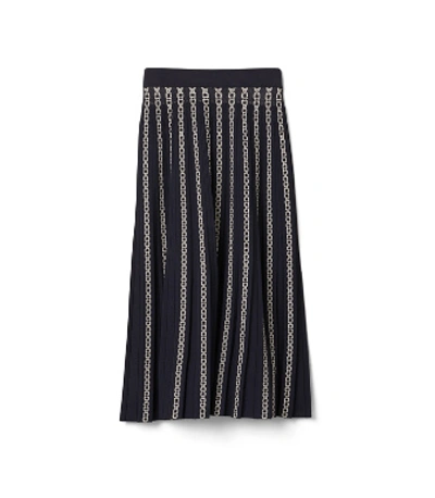 Tory Burch Gemini Link Jacquard Pleated Skirt In 435 Tory Navy/classic Ivory