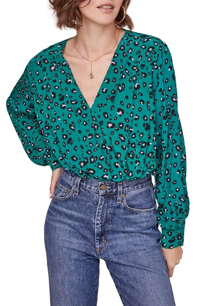 Astr Trixie Wrap Front Long Sleeve Wool Blend Bodysuit In Green Lilac Leopard