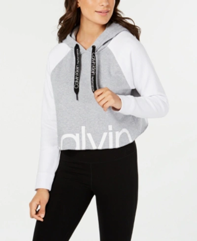 Calvin Klein Performance Colorblocked Logo Cropped Hoodie In Pearl Grey Heather Combo