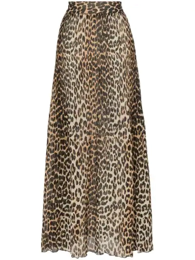 Ganni Leopard Print Sheer Pleated Georgette Maxi Skirt