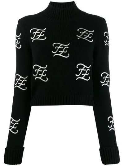 Fendi Logo Embroidered Crop Wool & Cashmere Sweater In Black