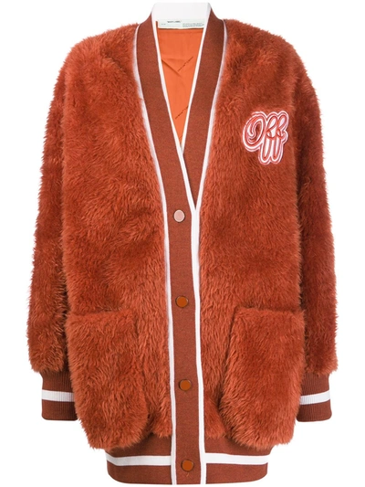 Off-white Embroidered Logo Furry Varsity Cardigan In Brown