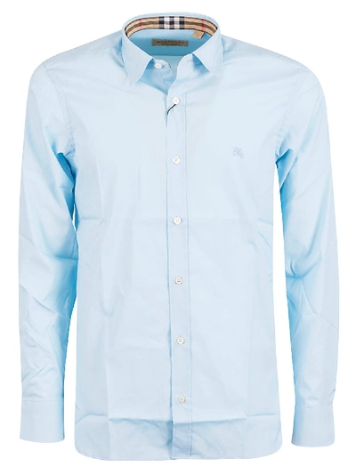 Burberry William Logo Embroidered Cotton Blend Poplin Shirt In Blue