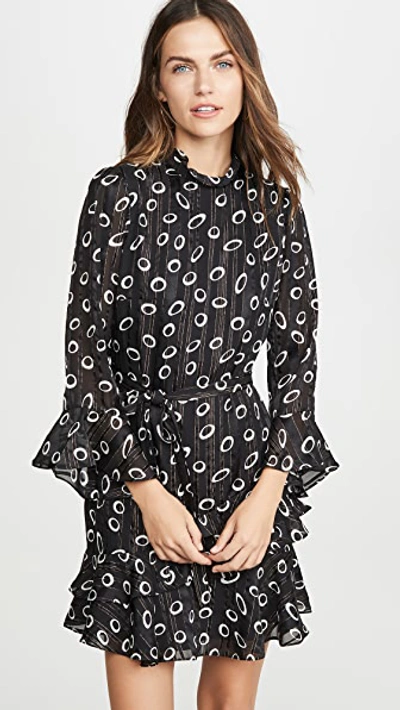 Saloni Marissa Circle-print Metallic Stripe Silk Mini Tie-waist Shirtdress In Space Dot Black