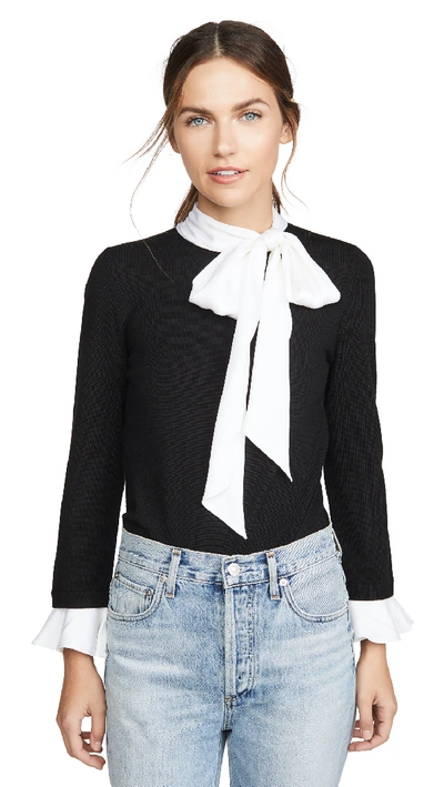 Alice And Olivia Justina Colourblock Tie-neck Long-sleeve Combo Jumper In Black Off-white