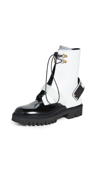 Moschino Combat Boots In Black/white/silver