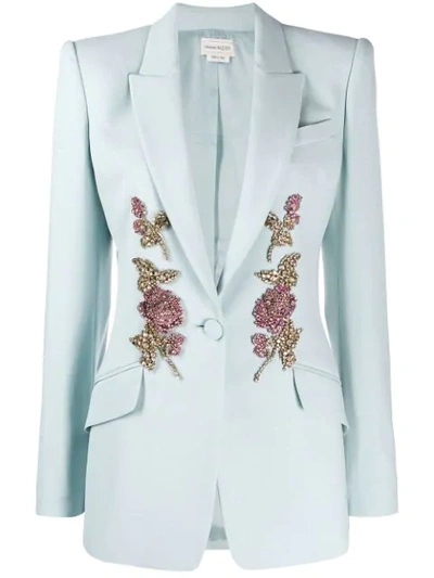 Alexander Mcqueen Embroidered Single-breasted Wool-blend Blazer In Cloud Blue