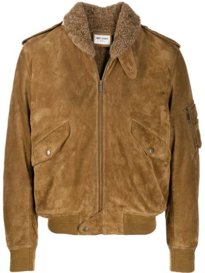 Saint Laurent Shearling-collar Nubuck Flight Jacket In Brown