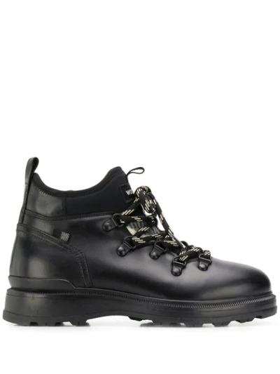 Woolrich Wool Check Leather Hiker Boots In Black