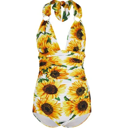 Dolce & Gabbana One-piece Sunflower Print Swimsuit With Plunging Neckline In Floral Print