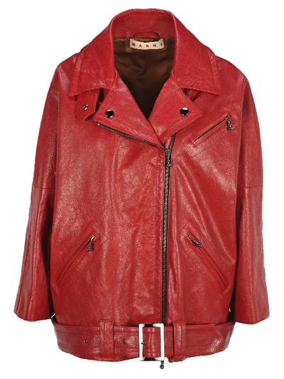 Marni Leather Biker Jacket In China Red