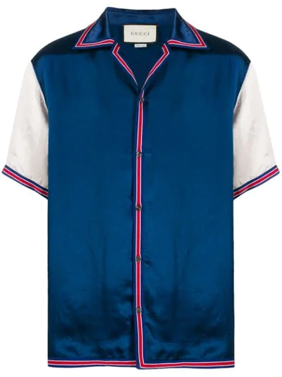 Gucci Camp-collar Logo-embroidered Satin Shirt In Blue