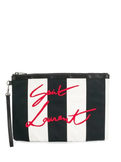 Saint Laurent Logo Embroidered Striped Clutch In Black