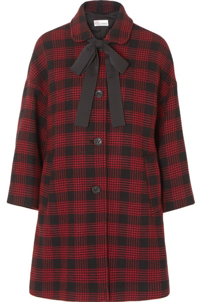 Red Valentino Bow-detailed Checked Tweed Coat In Deep Red