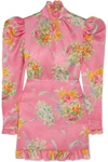 ALESSANDRA RICH RUFFLE-TRIMMED FLORAL-PRINT SILK-ORGANZA MINI DRESS