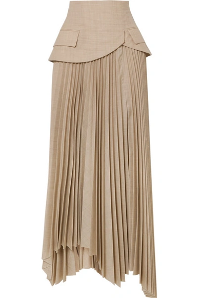 A.w.a.k.e. Pretence Asymmetric Pleated Wool Skirt In Beige