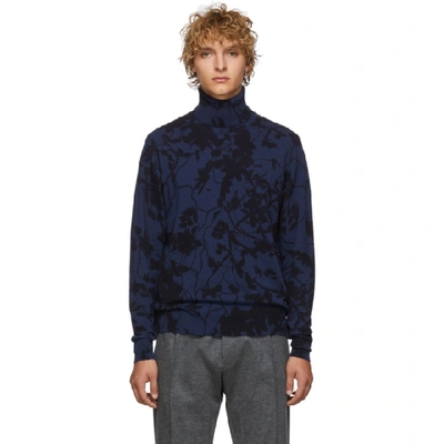 Etro Floral Print Wool And Cashmere Turtleneck In Blue