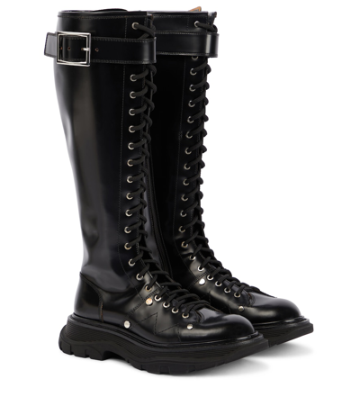 Alexander Mcqueen Glossed-leather Exaggerated-sole Knee Boots In Black