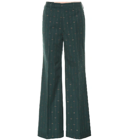 Gucci Gg-pinstripe Wool-twill Flared Trousers In Green