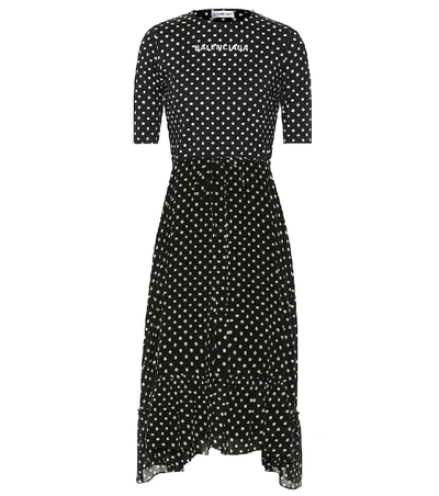 Balenciaga Layered Polka-dot Scuba And Silk Crepe De Chine Dress In Black
