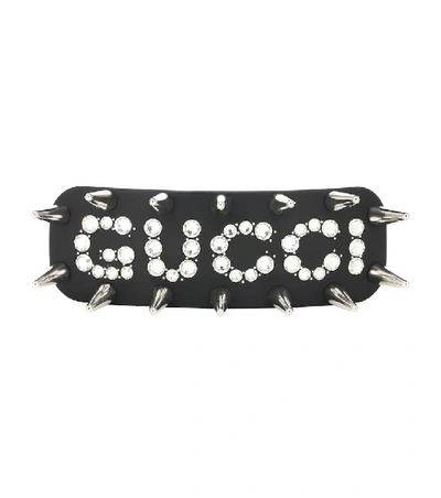 Gucci Studded Crystal Logo Hair Clip In Black