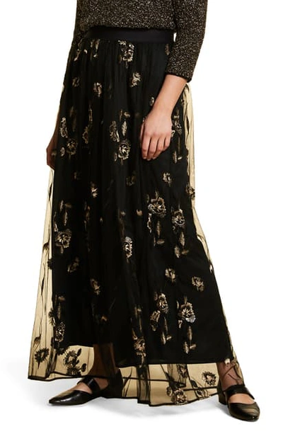 Marina Rinaldi Cipria Floral Embroidery Tulle Maxi Skirt In Black
