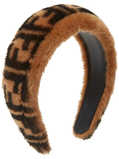 Fendi Printed Shearling Headband In Brown