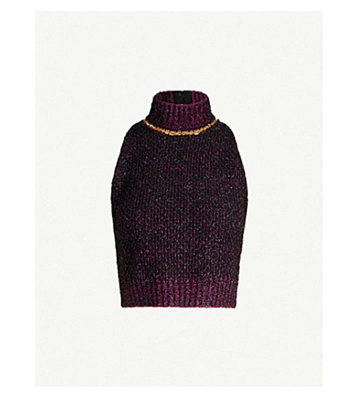 Versace Cropped Embellished Metallic Bouclé Sweater In Nero Fuxia