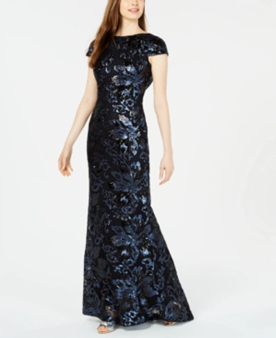 Calvin Klein Sequin Cowl-back Gown In Indigo/black