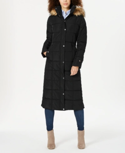 Tommy Hilfiger Hooded Faux-fur-trim Maxi Puffer Coat In Black