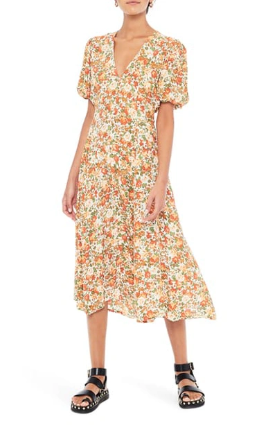 knee length dresses for ladies Orange Embellished Floral Flutter Sleeve Midi Dress