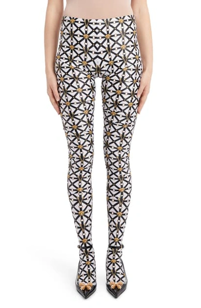 Versace Printed Stretch Jersey Leggings W/ Feet In Black White