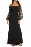 Eliza J Off The Shoulder 3d Floral Sleeve Scuba Crepe Evening Dress In Black