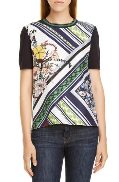 Tory Burch Silk Print Front Mixed Media Short-sleeve Wool Sweater In Navy/ Homage To The Flower