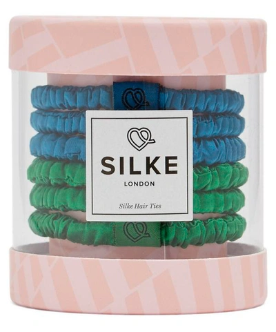 Silke London Silk Hair Ties Pack Of Six In Blue And Green