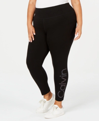 Calvin Klein Plus Size Logo Capri Leggings In Black Iridescent Combo