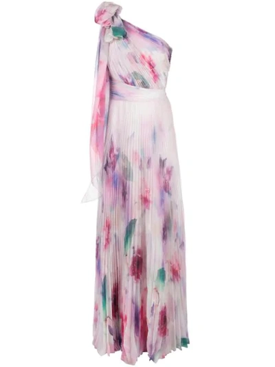 Marchesa Notte One-shoulder Pleated Tie-dyed Chiffon Gown In Blush